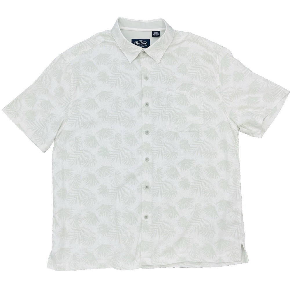 Nat Nast Tropical Shirt Size L Leaf Print Silk Cotton Short Sleeve White Green